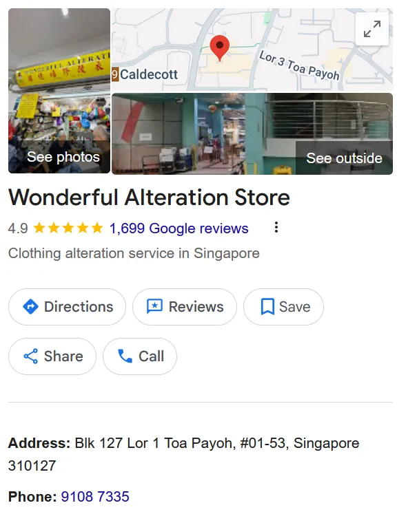 Wonderful Alteration Store — Google listing showing 4.9 stars and 1,699 reviews