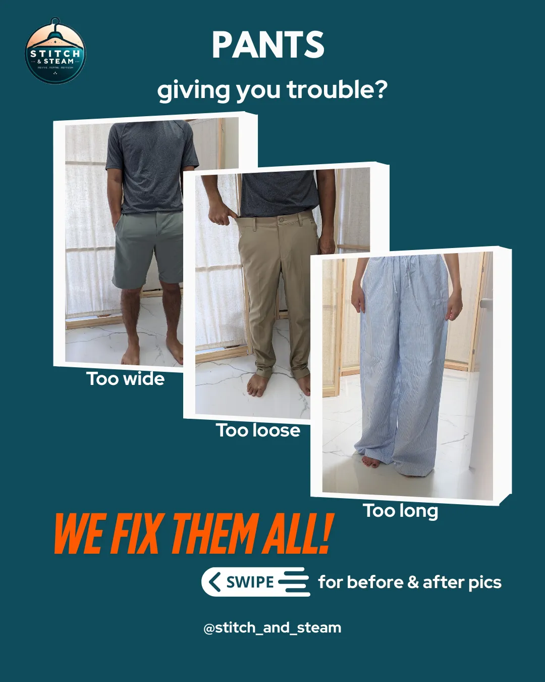 Professional pants alterations with Stitch & Steam - length, waist or tapering alterations