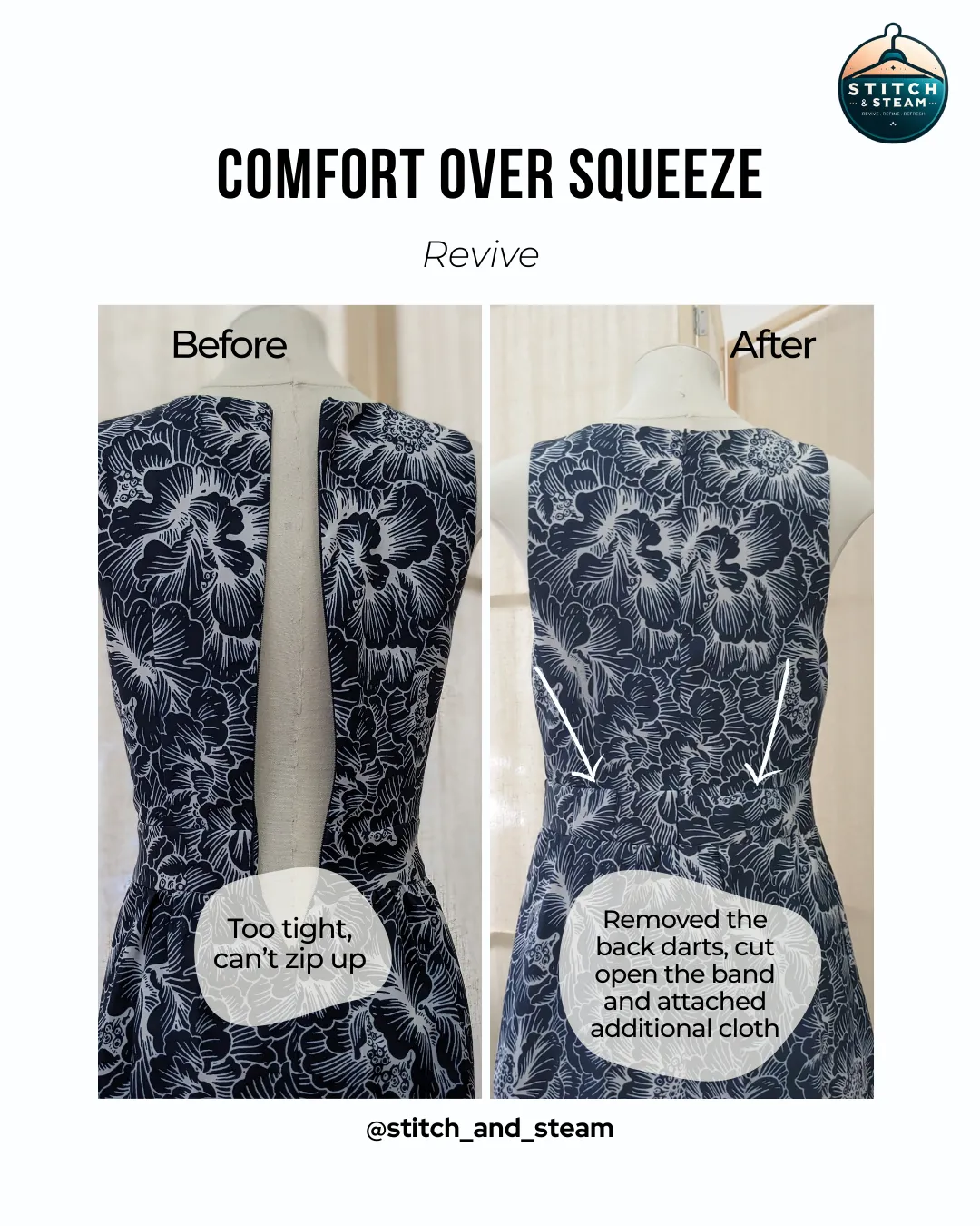 Clothes alteration for dress waistline expansion professional stitch & steam