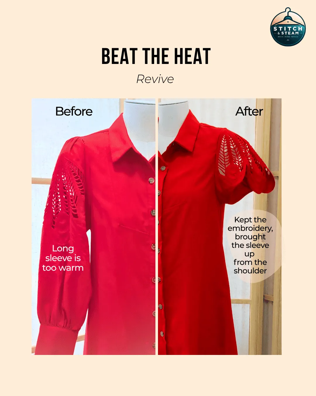 Clothes alterations for dress. Restyle from long sleeve to short sleeve