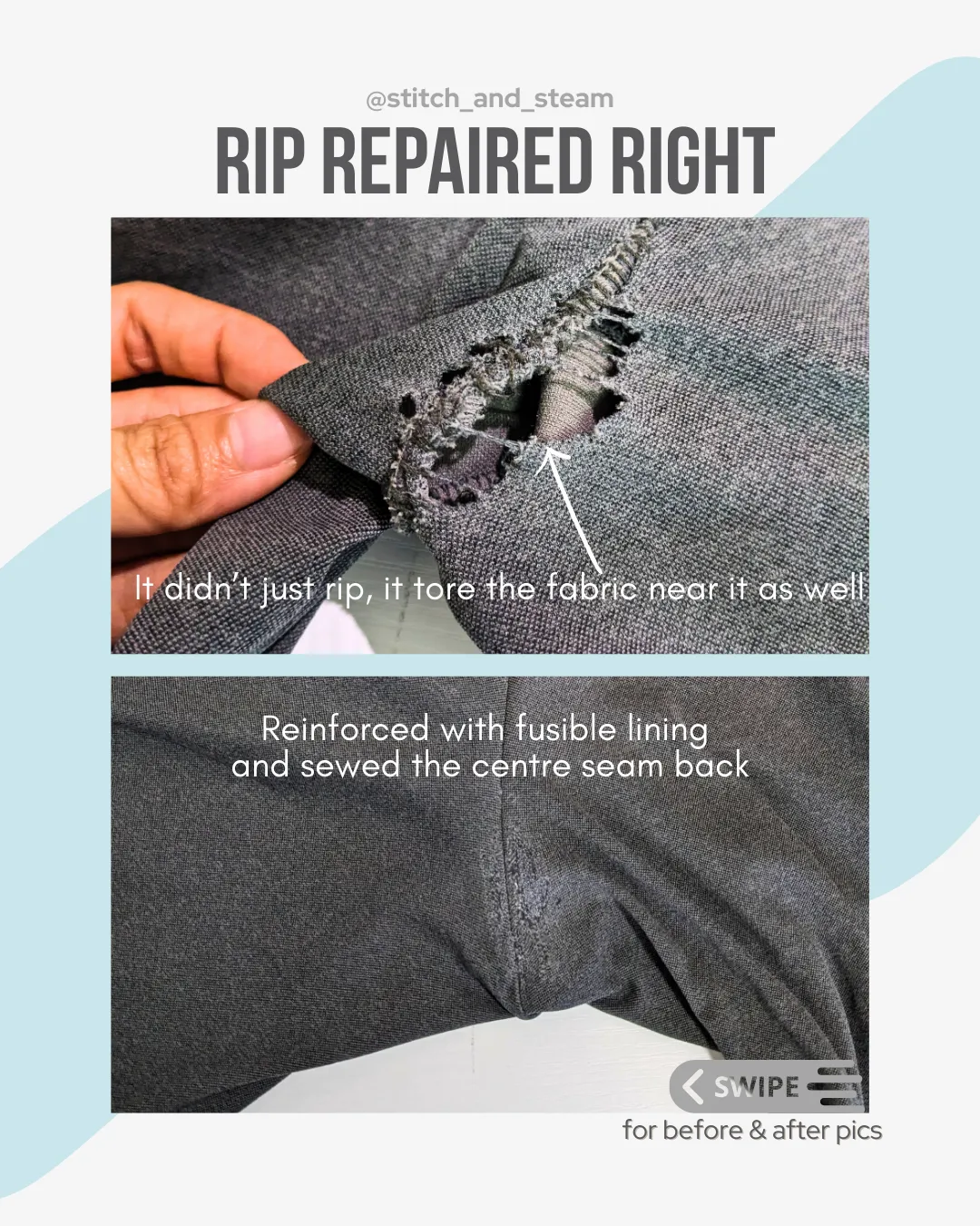 Pants Rip or tear repaired with professional alteration stitch & steam
