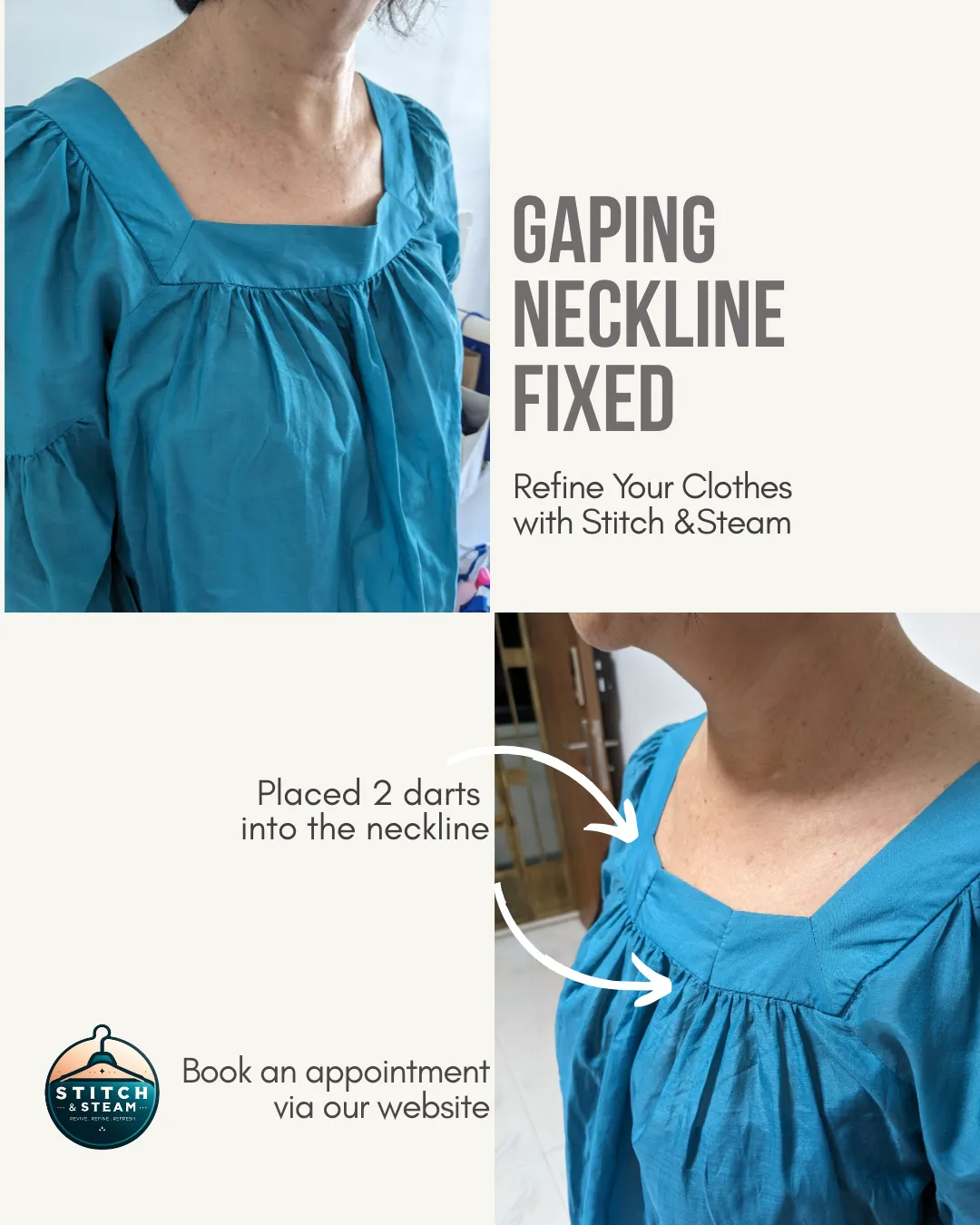 Clothes alteration for women top, to reduce neckline for perfect fit.