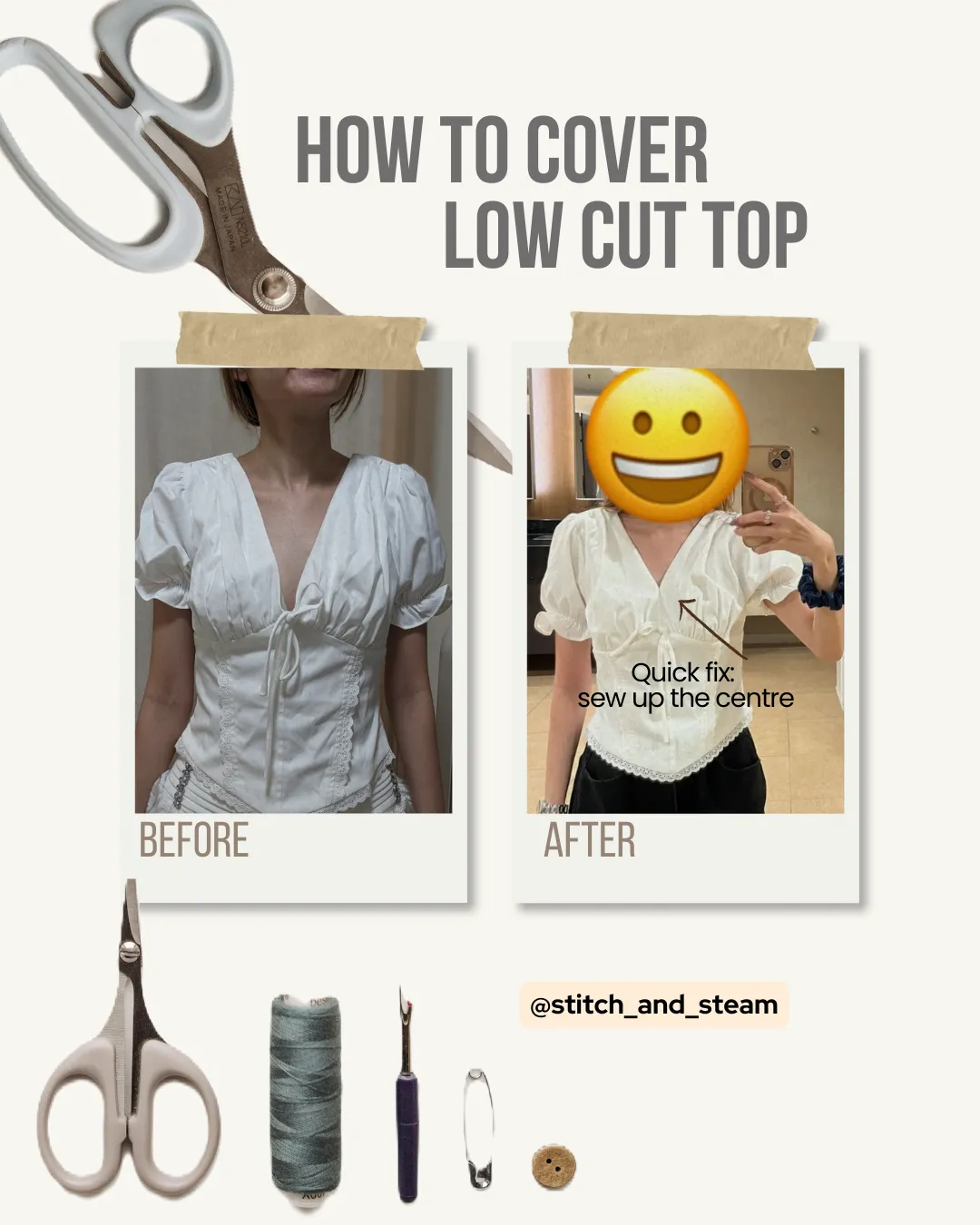 Clothes alteration for women white top, to raise low cut tops, shirts or dresses