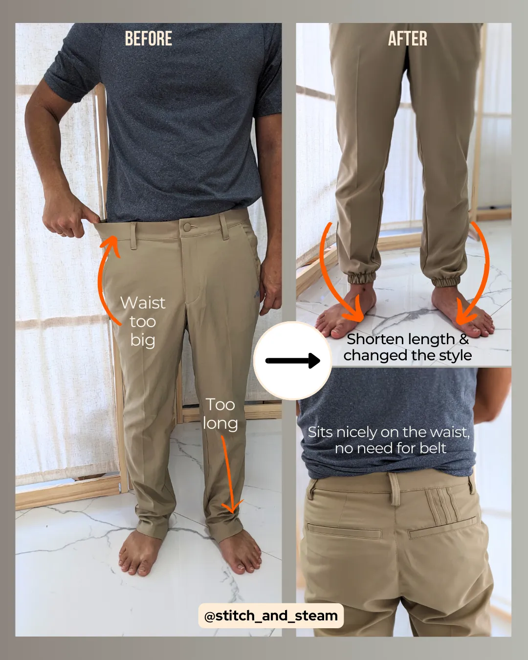 Before and after clothing alteration showing improved fit by shortening length and tapering