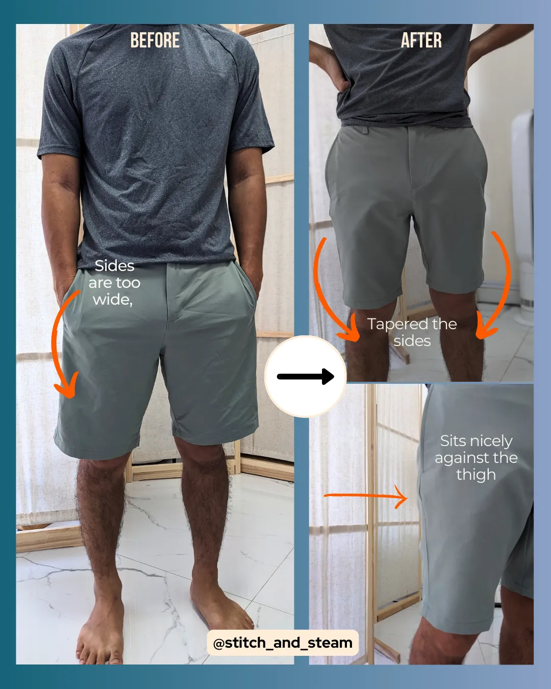 Shorts tapered for improved look and comfort with Stitch & Steam Clothes alterations