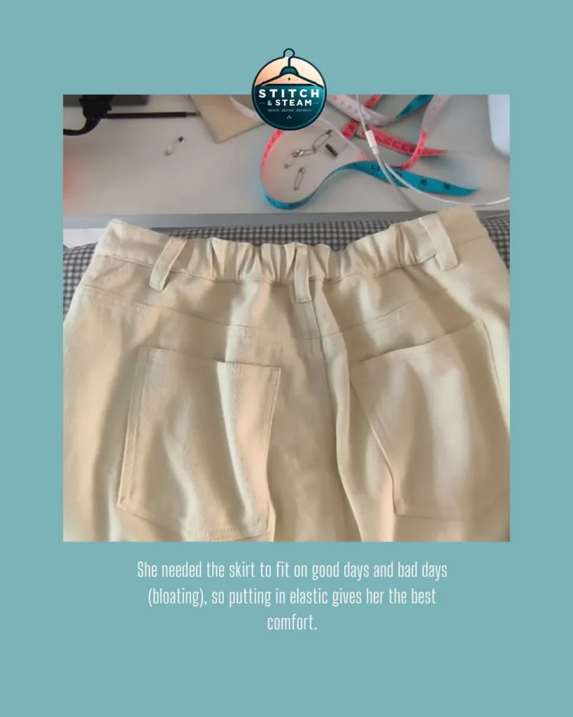 Stitch and Steam add elastic for skirt alterations for better comfort