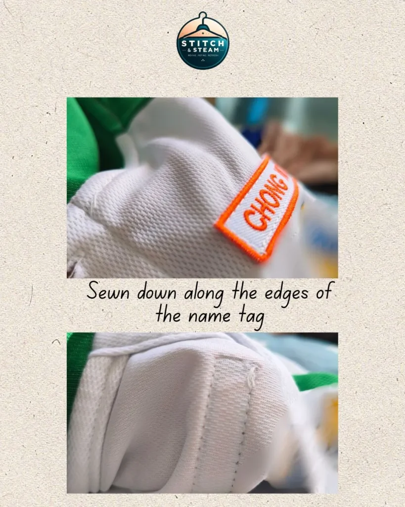 Stitch and steam uniform alterations to sew on name tag