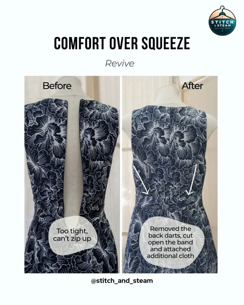 Stitch and steam alteration tailor performs dress expansion