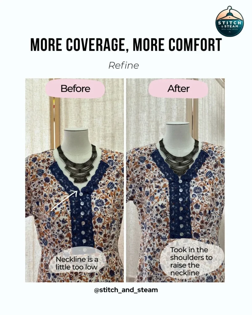 Stitch and steam alteration tailor changes neckline for dress